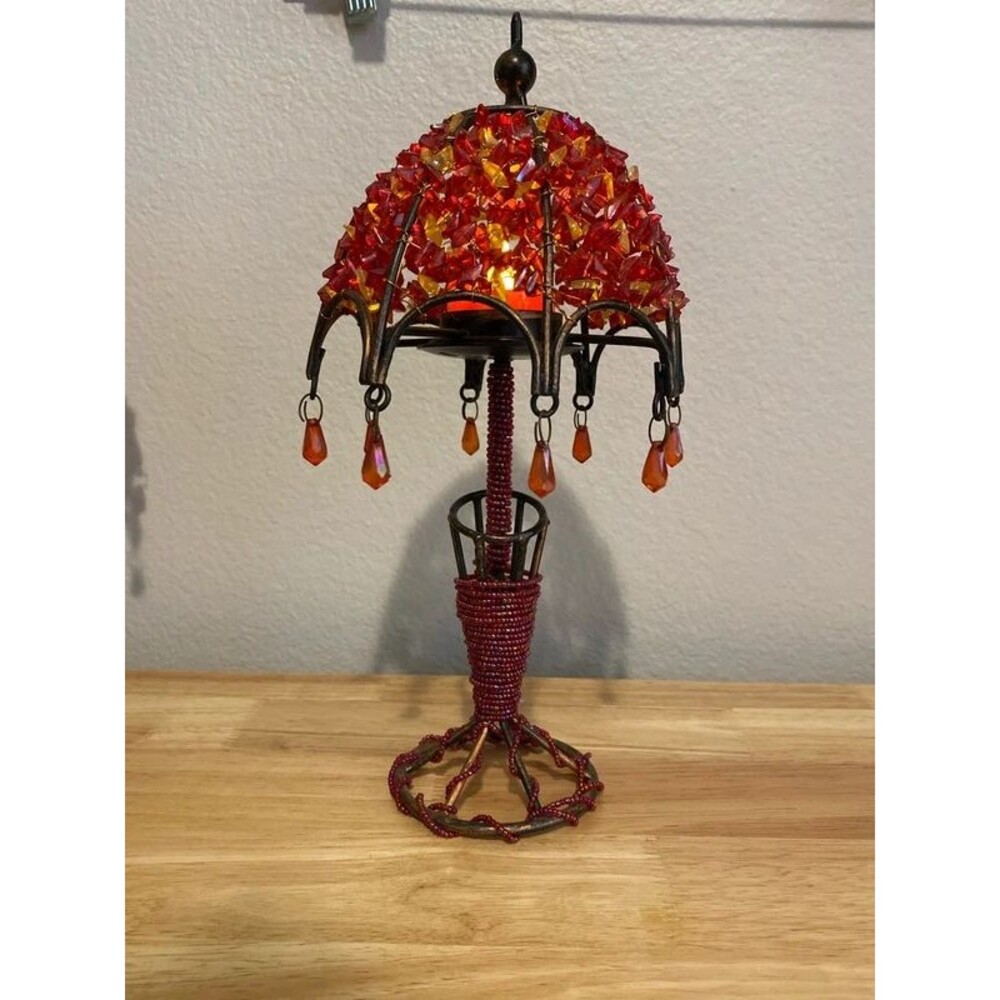 Vintage tea light lamps Burgundy and orange stones with bronze gold base 10"